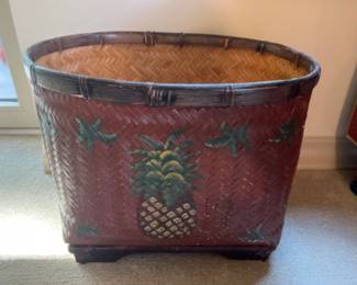 Brick Red Woven Hand Painted Basket on Wood Base