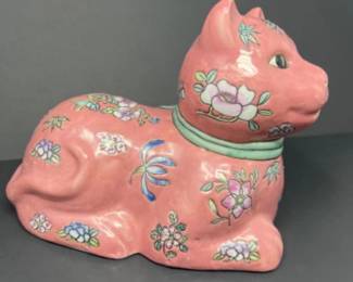 Vintage Chinoiserie Pink Porcelain Cat Figurine
