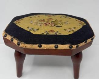 Antique Black & Gold Floral Needlepoint Wood Base Footstool