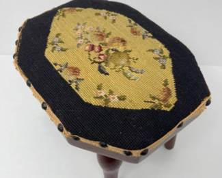 Antique Black & Gold Floral Needlepoint Wood Base Footstool