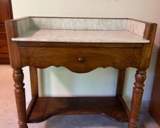 Antique French Oak & Marble Top Washstand Side Table w/ Drawer