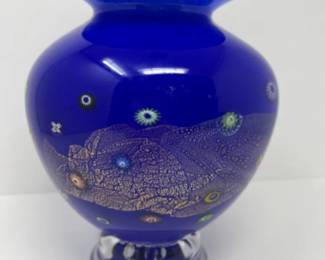 Hand Blown Cobalt & Iridescent Cased Glass Vase - Signed
