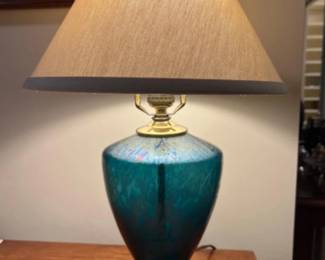 iridescent Turquoise Blue Glass Table Lamp w/ Gold Tone Accents