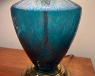 Iridescent Turquoise Blue Glass Table Lamp w/ Gold Tone Accents