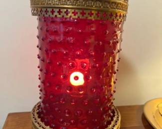 Antique Moroccan Pierced Brass & Cranberry Glass Hobnail Table Lamp