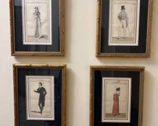 Set of 4 Early 1800s Costumed Parisian Fashion Prints - Hand Colored