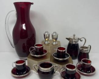 	Ruby Red Glass & Silverplate Serving Items - Silver Trim Demitasse Cups