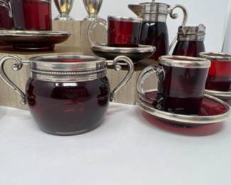 	Ruby Red Glass & Silverplate Serving Items - Silver Trim Demitasse Cups