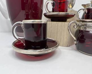 	Ruby Red Glass & Silverplate Serving Items - Silver Trim Demitasse Cups