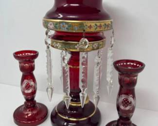 	Antique Bohemian Hand Painted Red Glass Candle Holder & Etched Candlesticks