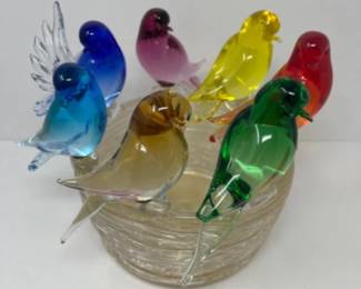 Murano 7 Sparrows Nest - Blown Glass Rainbow Birds
