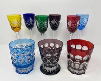 Faberge Na Zdorovye Vodka Set & Odessa Colored Crystal Cordial Glasses