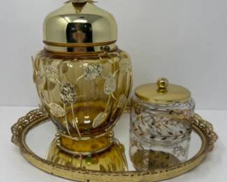 	Vintage Schmid Amber Glass Musical Jar on Mirrored Tray w/Jar
