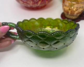 Carnival Glass Imperial Green Quilt Pansy Handled Bon Bon Dish