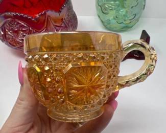 Carnival glass Imperial Glass Amelia aka Star and Cane Marigold Custard Cup