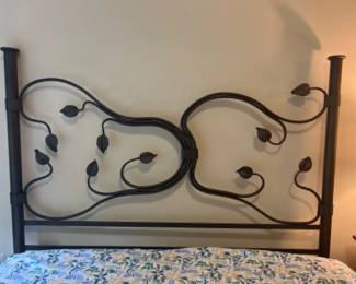 Vintage Openwork Black Metal Queen Headboard - Leaf Motif