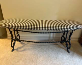 	1910s Curved Cast Iron Antique Hall Bench - Gingham Upholstery