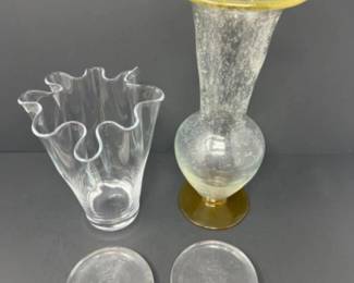 Ruffled Rim Vase - Vintage Hand Blown Art Glass Amber Clear Vase