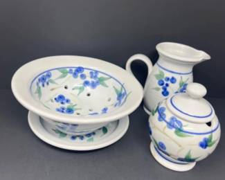 Signed Studio Art Blueberry Pottery - Berry Bowl - Creamer & Sugar