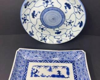 Antique Chinese Porcelain Qing Lotus Dish & Meiji Japanese Plate