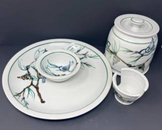 Bird Motif Studio Art Signed Pottery - Canister - Chip & Dip Plate