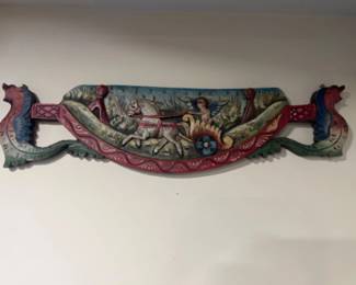 Hand Carved & Painted Horse Drawn Wooden Cart Plaque -32"L