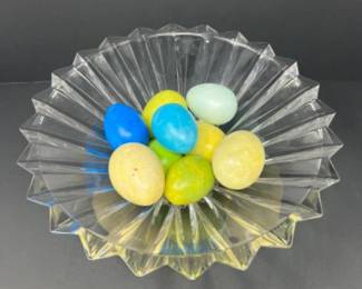 9 Carved Stone Eggs in Crystal Bowl