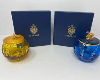 Faberge Colored Crystal Jars w/ Gold Gilt Bird Lids