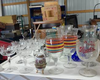 Glasses, coffee pots