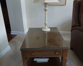 pair of end tables and pedestal lamps