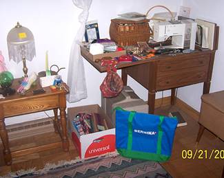 Small table, Bernina sewing machine, storage seat