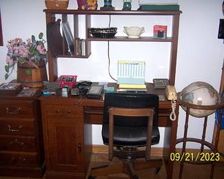 File cabinet,  computer desk, globe on stand