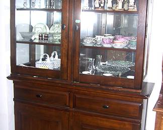 China hutch, cups and saucers, glassware