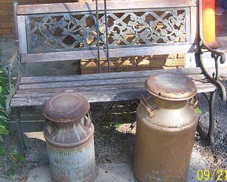 Garden bench, Driggs Dairy and Michigan Products milk cans