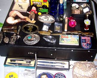 Smalls including Little Atom pistol, Hummels, Belt buckles, Sterling mini perfume bottles, beaded purse, etc....