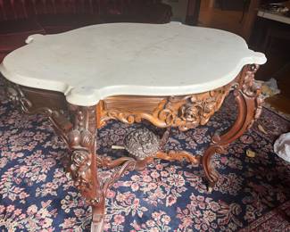 large detailed ornate marble topped mahogany table GORGEOUS!