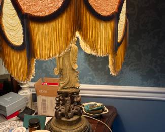 Asian style fringed shade lamp brass base