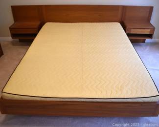 Stunning Mid Century Modern Teak Platform Queen Bed with Attached Night Stands and Springer Model QB Mattress