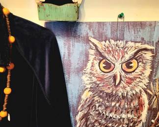 Vintage Fine Art Print of Owl & Antique Cat Match Box