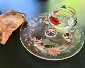 Vintage Pink Glass Cake Plate & Stained Glass Bowl