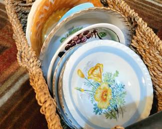 Pretty Basket full of Vintage Painted Dishes