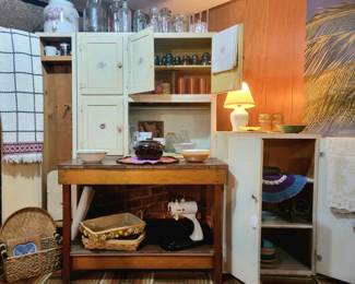 Antique White Painted Cupboards & Work Table