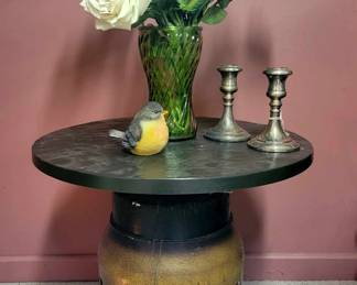 Vintage Drum Table, Vase of Roses & Silver Plated Candelsticks