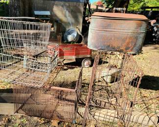 Vintage Chicken Coop Cage & Live Animal Cage, Vintage Market Wire Baskets & Antique Copper Boiler