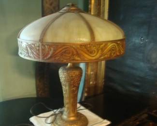 Bent Panel Slag Glass Double Light Lamp 1920's Large 20" Shade