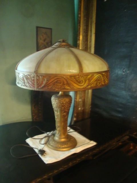 Bent Panel Slag Glass Double Light Lamp 1920's Large 20" Shade