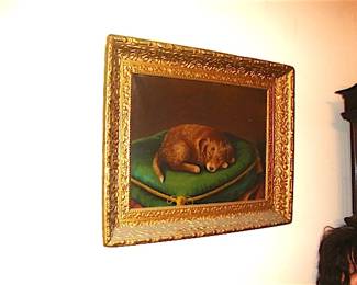 Dog on a Green Pillow on Canvas