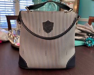 Liz Claiborne vinyl purse, striped with some wear to handle 8" x 8"