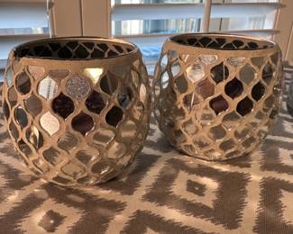 Pair of mirrored mosaic votive candle holders, 1 has a minor chip to lip 4"H