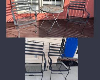 Metal patio chairs with mesh table, some oxidation to all, chairs 34"H x 23"W
